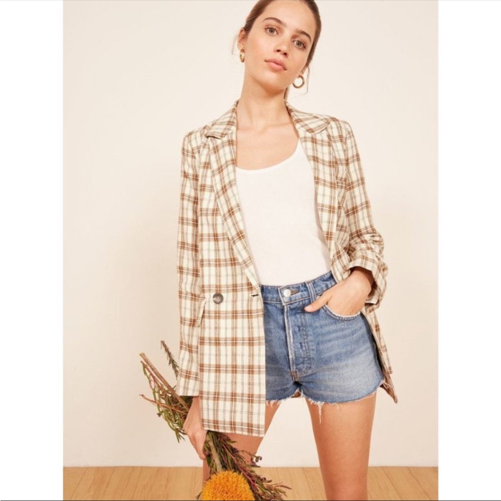 Reformation Plaid Blazer in Cream and Brown